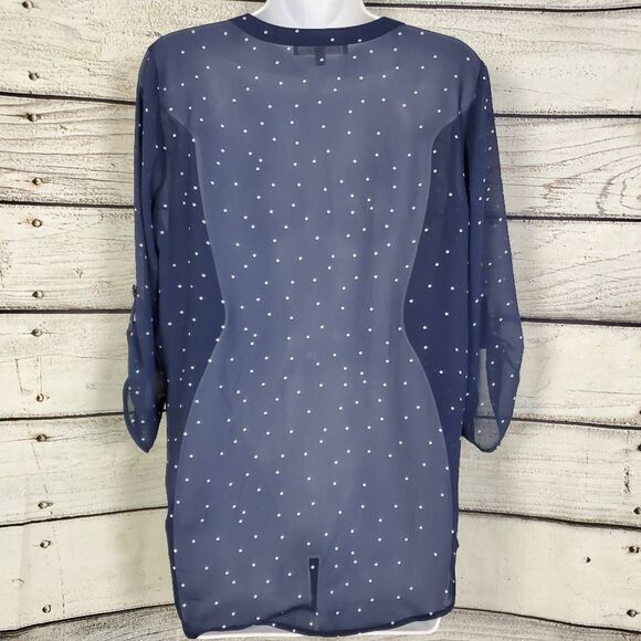 Daniel Rainn Navy Blue Polka Dot Sheer Tunic Top M Long Sleeve Lined - Picture 5 of 8